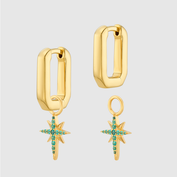 Auree x @theeditbutton Gold Interchangeable Hoop & Green Star Drop Earrings-Auree Jewellery