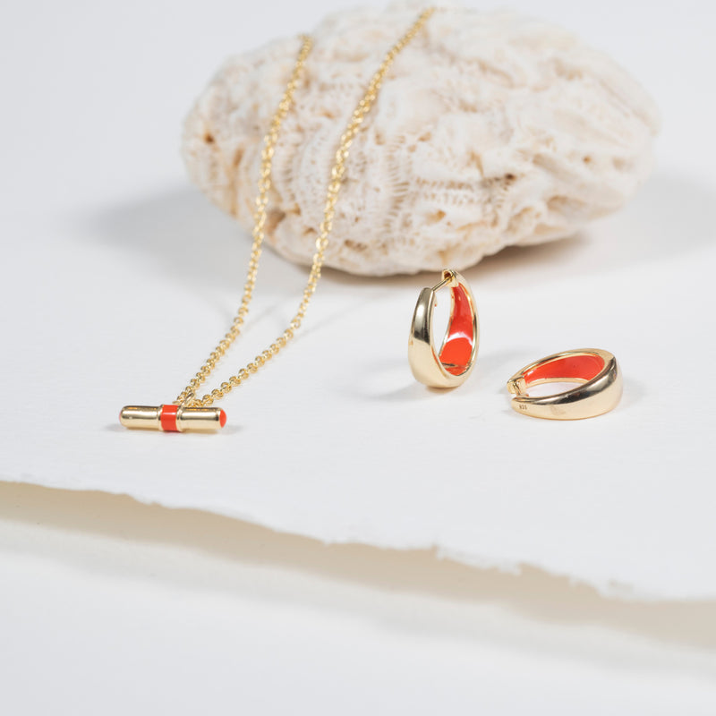Necklaces & Pendants - Havana Gold And Tomato Red Enamel T-Bar Necklace
