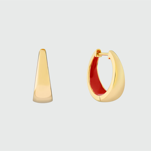 Havana Tomato Red Enamel and Gold Huggie Hoop Earrings-Auree Jewellery