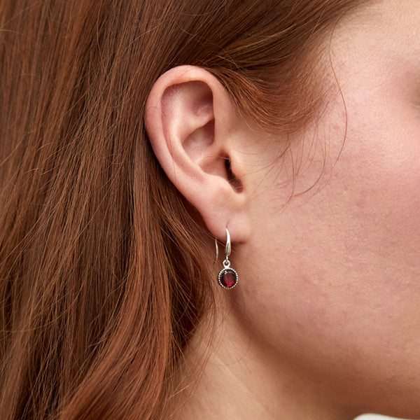 Barcelona Silver January Garnet Birthstone Hook Earrings-Auree Jewellery