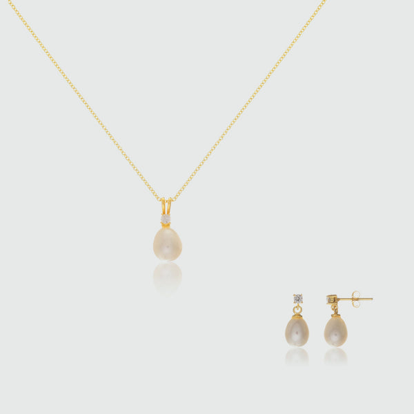 Drayton White Pearl & Cubic Zirconia Gold Vermeil Jewellery Set-Auree Jewellery