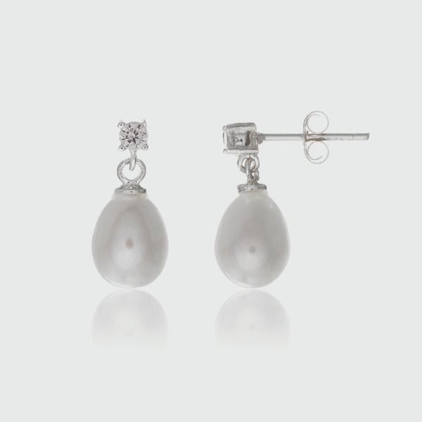 Drayton White Pearl & Cubic Zirconia Sterling Silver Drop Earrings-Auree Jewellery
