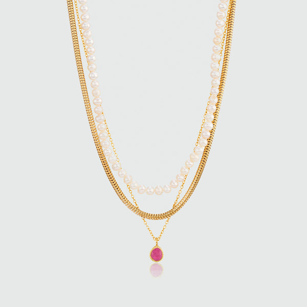 Layering Gold Chain, Pearl and Ruby Necklace Set-Auree Jewellery