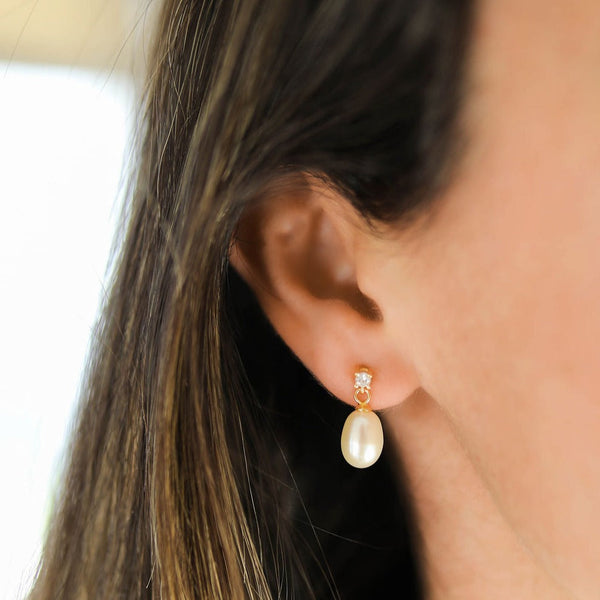 Drayton White Pearl & Cubic Zirconia Gold Vermeil Oval Earrings-Auree Jewellery