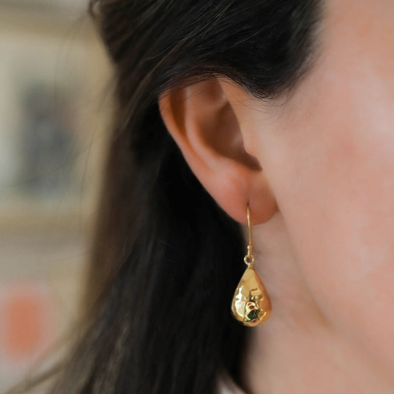 Orba Yellow Gold Hammered Teardrop Earrings-Auree Jewellery
