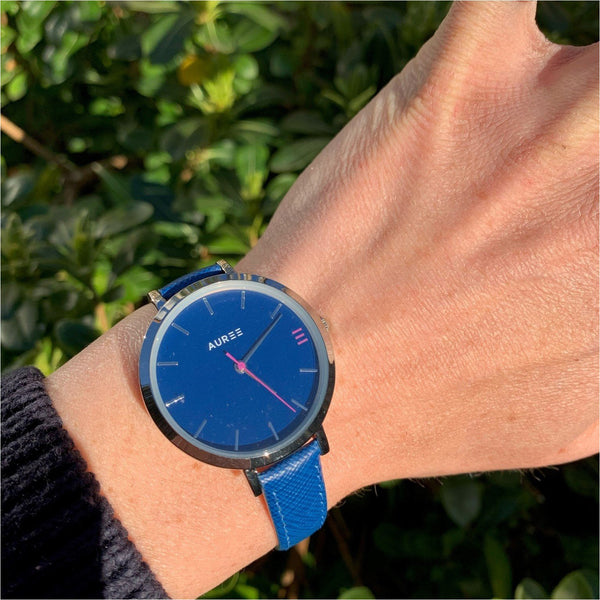 Montmartre Silver Watch with Royal Blue & Hot Pink Leather Strap-Auree Jewellery