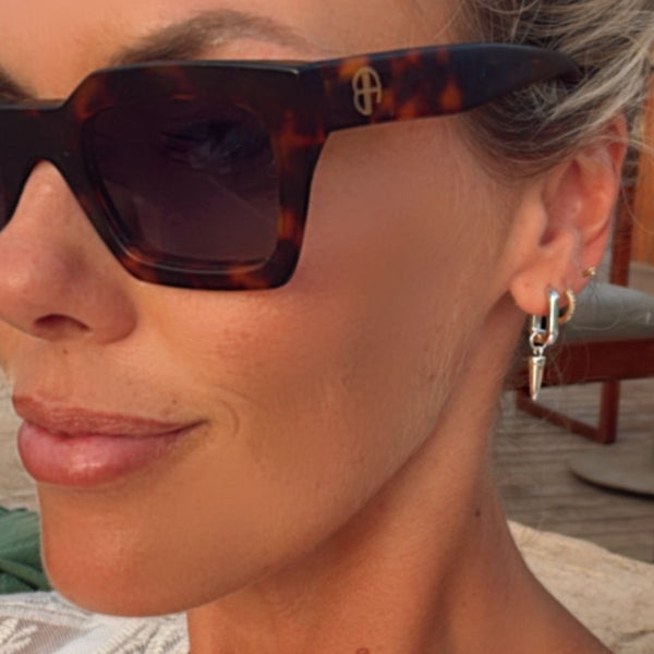 Auree x @theeditbutton Silver Rectangular Hoops with Pointed Drops