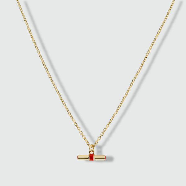 Havana Gold and Tomato Red Enamel T-Bar Necklace
