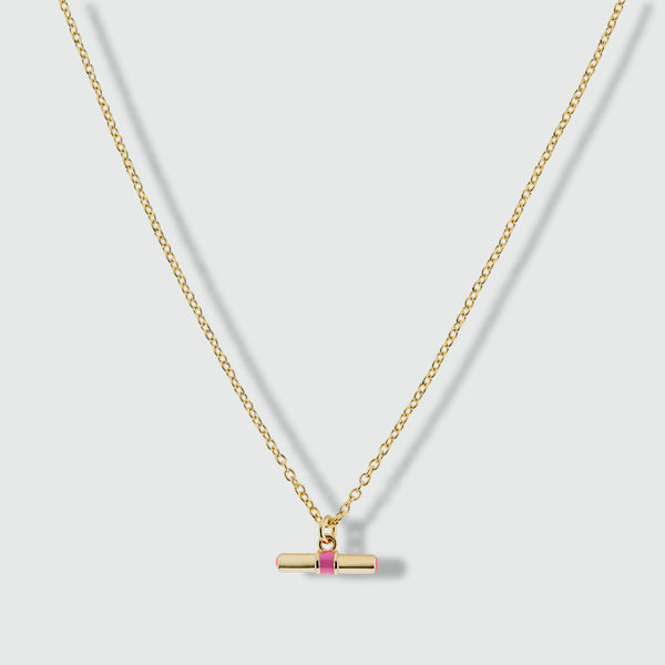 Havana Gold and Flamingo Pink Enamel T-Bar Necklace
