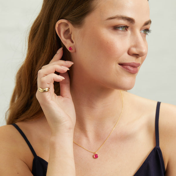 Brooklyn Gold & Fuchsia Pink Chalcedony Cushion Stud Earrings