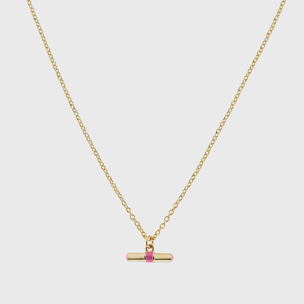 Havana Gold and Flamingo Pink Enamel T-Bar Necklace