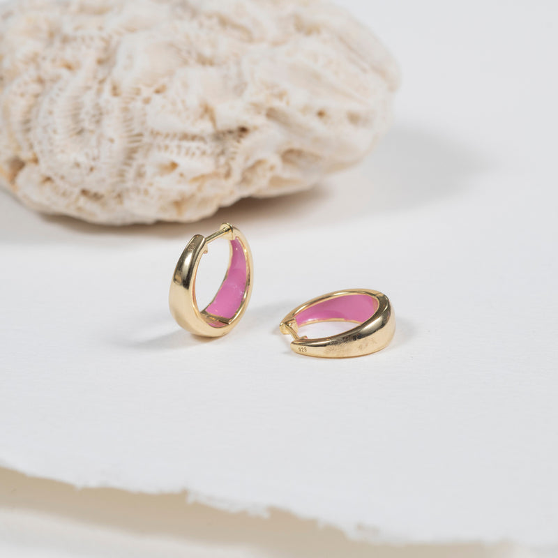 Earrings - Havana Flamingo Pink Enamel & Gold Huggie Hoop Earrings