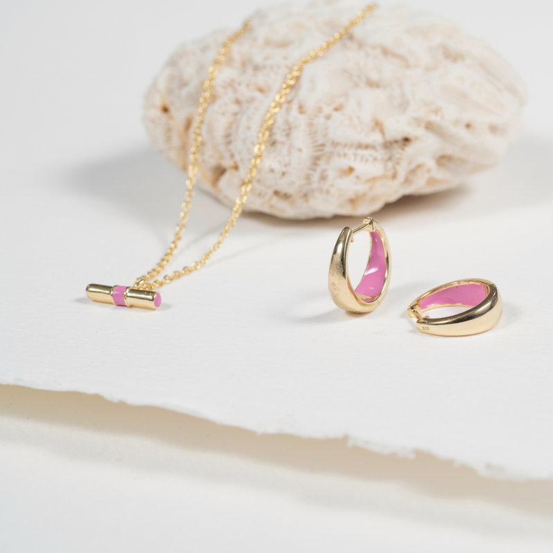 Havana Gold and Flamingo Pink Enamel T-Bar Necklace