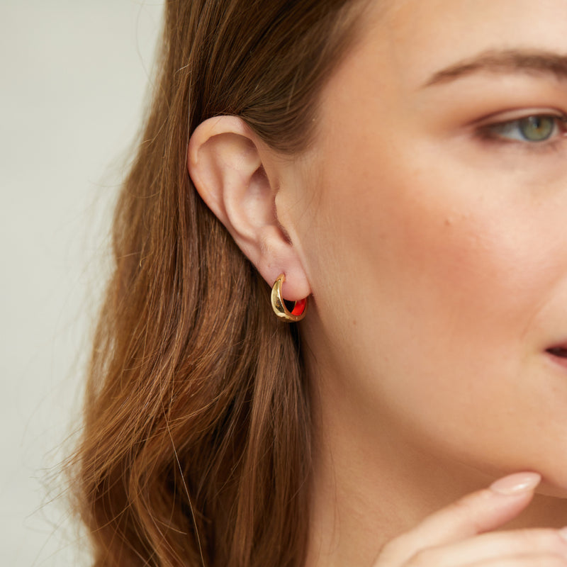 Earrings - Havana Tomato Red Enamel And Gold Huggie Hoop Earrings