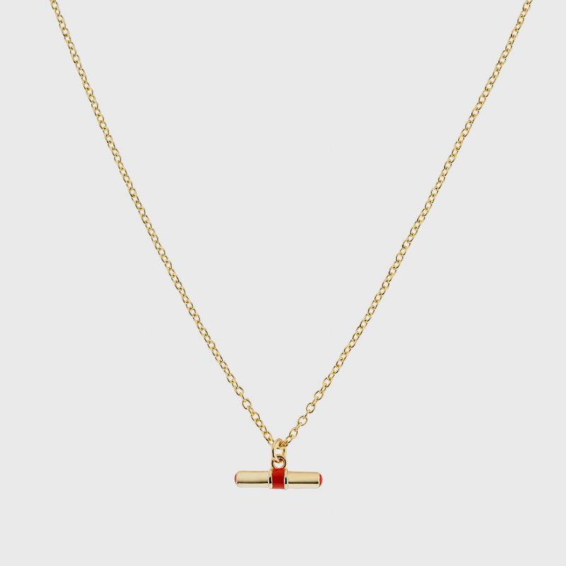 Havana Gold and Tomato Red Enamel T-Bar Necklace
