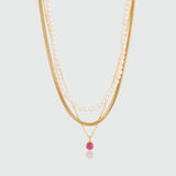 Layering Gold Chain, Pearl and Ruby Necklace Set