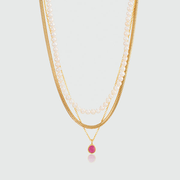 Layering Gold Chain, Pearl and Ruby Necklace Set