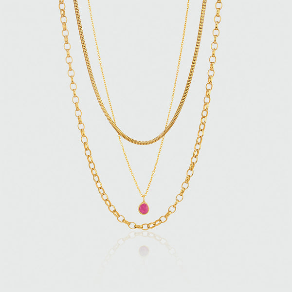 Layering Gold Chain and Ruby Necklace Set