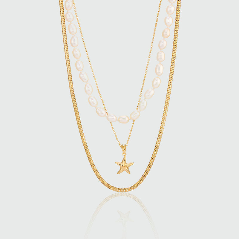 Layering Starfish and Pearl Necklace Set
