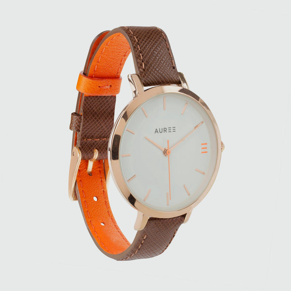 Montmartre Rose Gold Watch with Chestnut Brown & Orange Leather Strap