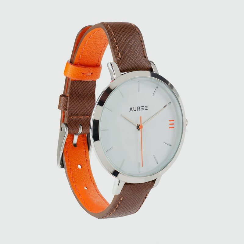 Montmartre Silver Watch with Chestnut Brown & Orange Leather Strap-Auree Jewellery