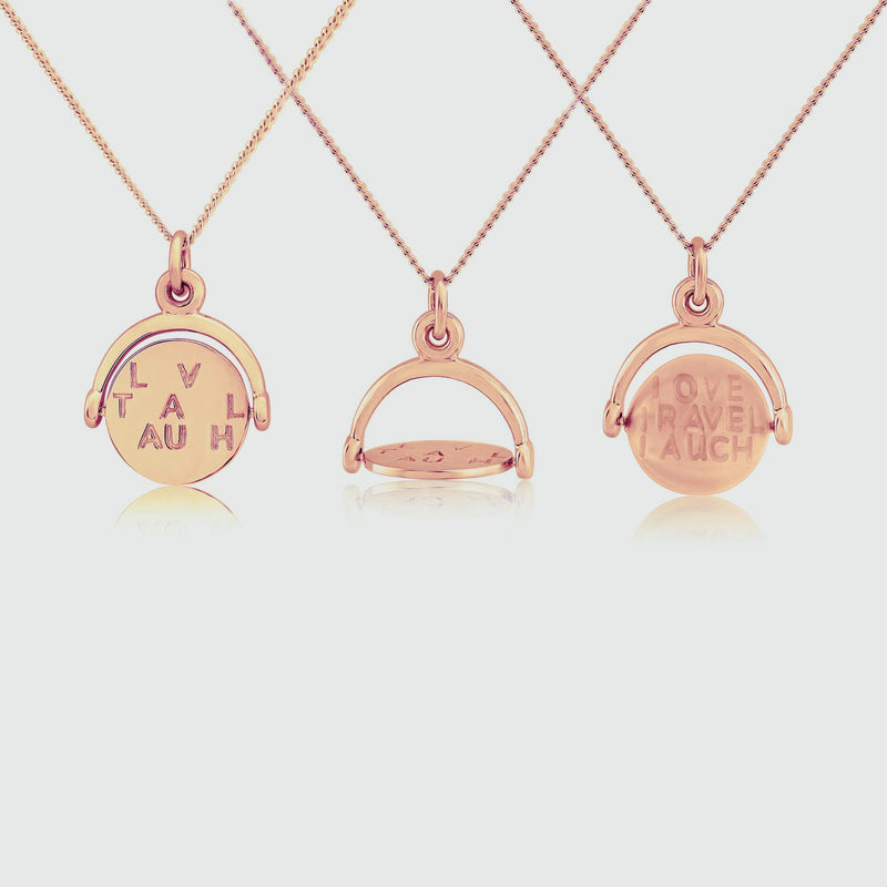 Seychelles Rose Gold Spinning Love, Travel, Laugh Pendant