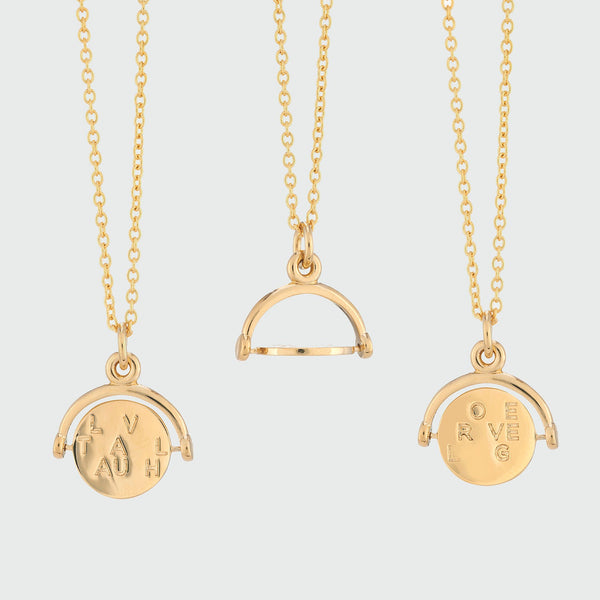 Seychelles Yellow Gold Spinning Love, Travel, Laugh Pendant