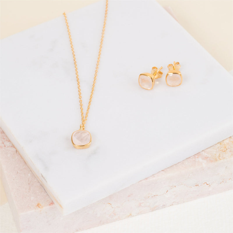 Brooklyn Gold & Rose Quartz Cushion Stud Earrings