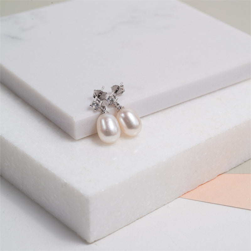 Drayton White Pearl & Cubic Zirconia Sterling Silver Drop Earrings-Auree Jewellery