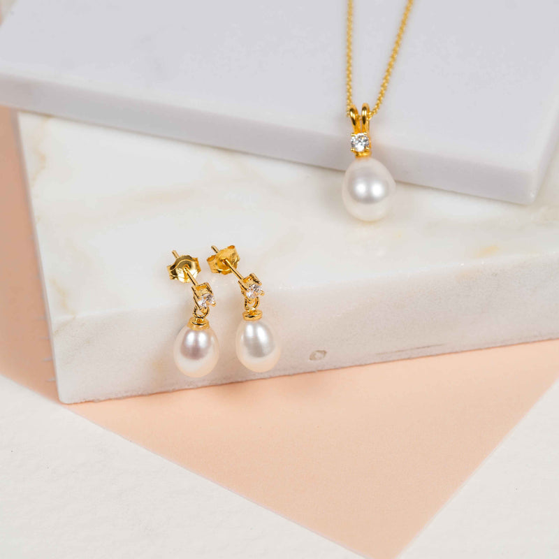 Earrings - Drayton White Pearl & Cubic Zirconia Yellow Gold Vermeil Oval Drop Earrings