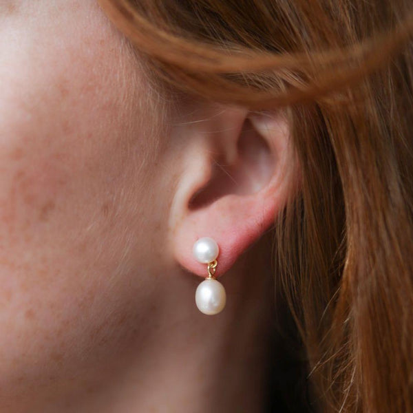 Glebe Double White Pearl & Gold Vermeil Drop Earrings-Auree Jewellery