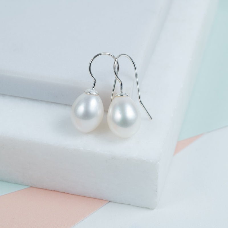 Gloucester White Freshwater Pearl & Silver Drop Earrings-Auree Jewellery