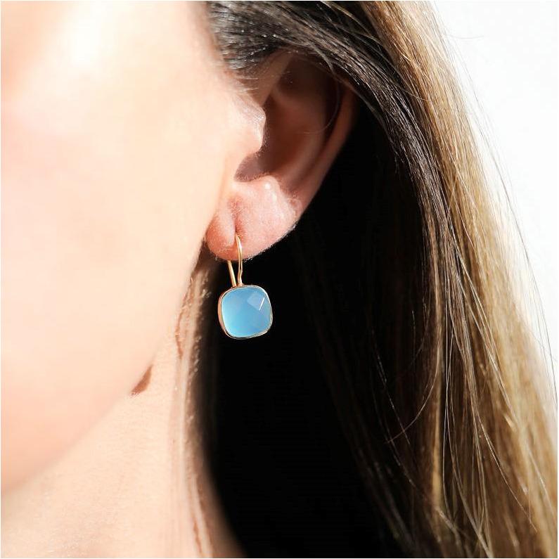 Earrings - Mondello Blue Chalcedony & Gold Vermeil Square Earrings