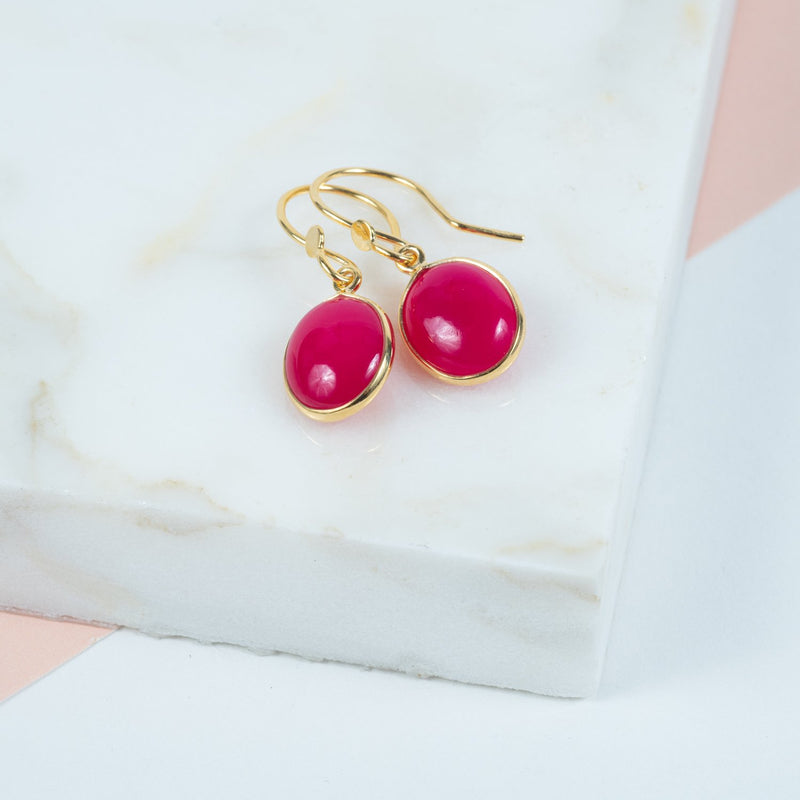 Earrings - Pollara Cabouchon Fuchsia Pink Chalcedony & Gold Vermeil Earrings