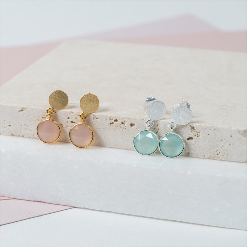 Salina Silver Disc & Aqua Chalcedony Earrings-Auree Jewellery