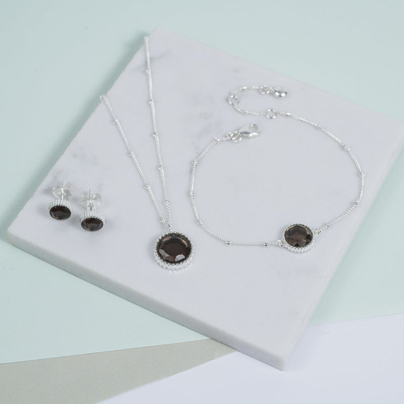 Barcelona November Birthstone Smokey Quartz & Silver Jewellery Set-Auree Jewellery