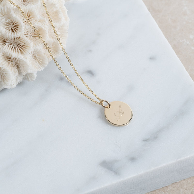 Pre-Engraved 'M' Pembroke Gold Disc Pendant (no chain)