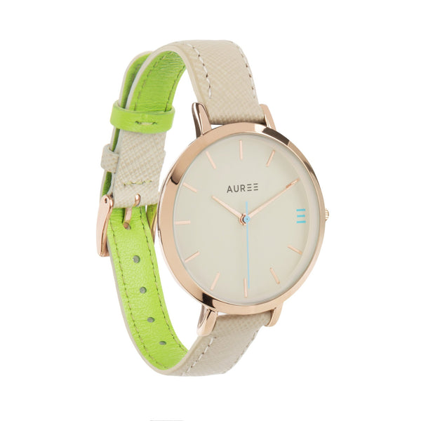 Montmartre Almond & Apple Green Leather Watch Strap with Rose Gold Buckle-Auree Jewellery